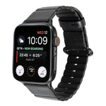 Apple Watch replacement strap with iron buckle displayed on a black watchband, showing time and boarding information.