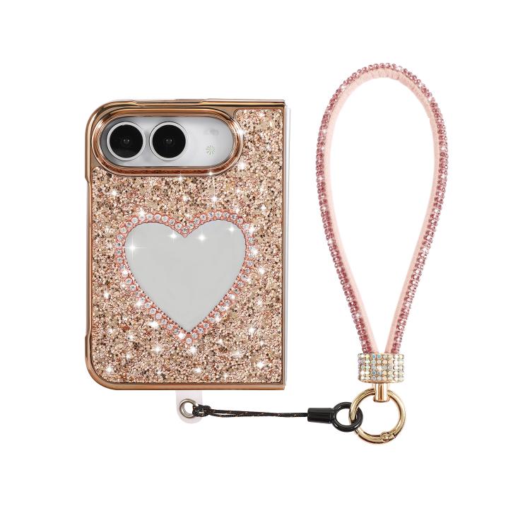 Glitter Heart Mirror Phone Case with Strap, For iPhone Duo