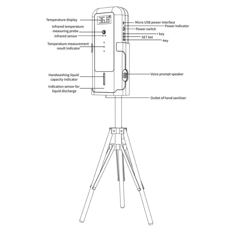 YAD-001 Termómetro Infravermelho + Dispensador de Esterilização Automático com Sensor Infravermelho e Suporte com Tripé, YAD-001