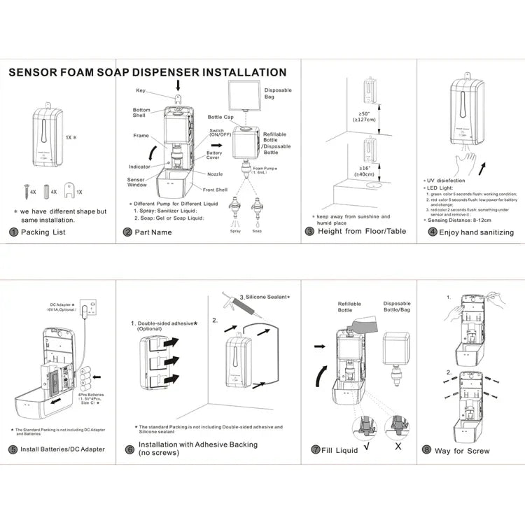 Dispensador de sabão desinfetante de parede com sensor de gotejamento de 1000ml e fecho de segurança, Dispensador de sabão