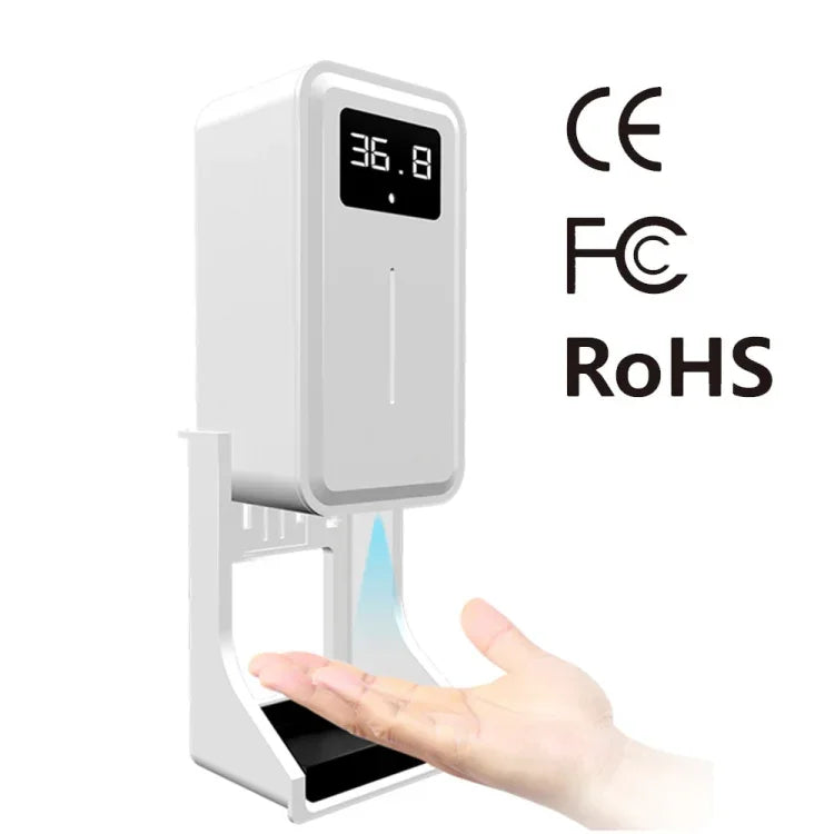 Rehabor A Termómetro sem contacto com sensor de distância sensível à luz corporal + dispensador automático de pulverização de sabão líquido sem contacto de 450ml com suporte de base, Rehabor A