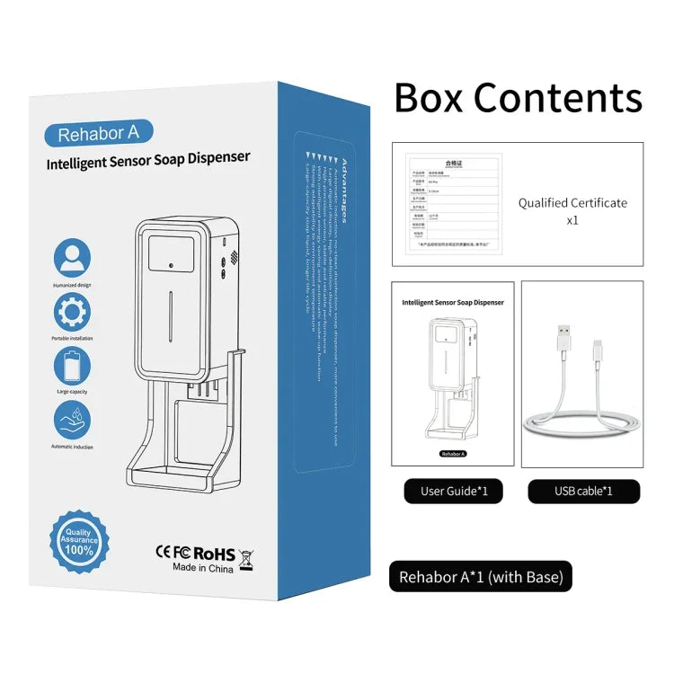 Rehabor A Termómetro sem contacto com sensor de distância sensível à luz corporal + dispensador automático de pulverização de sabão líquido sem contacto de 450ml com suporte de base, Rehabor A
