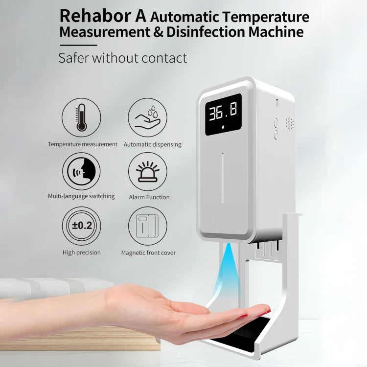 Rehabor A Termómetro sem contacto com sensor de distância sensível à luz corporal + dispensador automático de pulverização de sabão líquido sem contacto de 450ml com suporte de base, Rehabor A