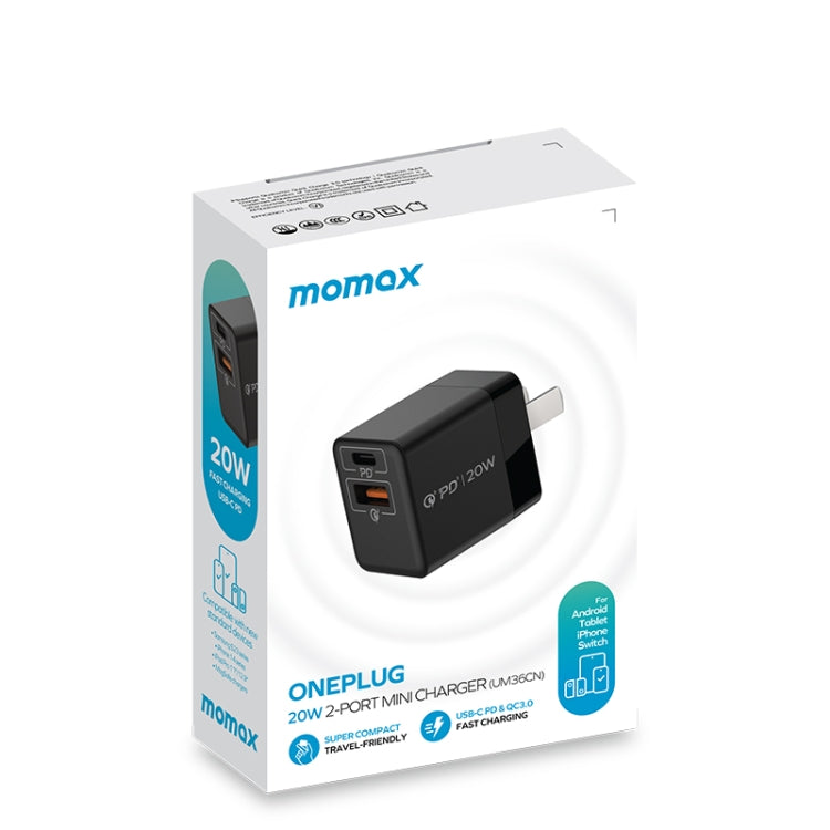 MOMAX UM36 PD 20W Carregador Rápido USB-C / Type-C + USB, Adaptador de Energia, Ficha CN, UM36