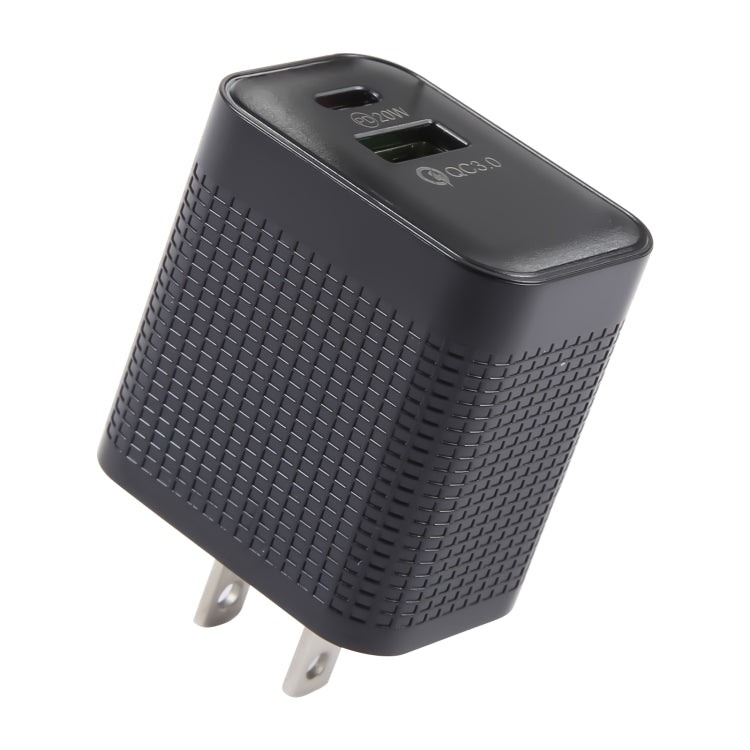 Carregador de Viagem PD 20W USB-C/Tipo-C + Portas USB QC 3.0 com Padrão Xadrez, Ficha US, Ficha US (Preto)