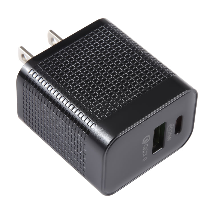 Carregador de Viagem PD 20W USB-C/Tipo-C + Portas USB QC 3.0 com Padrão Xadrez, Ficha US, Ficha US (Preto)