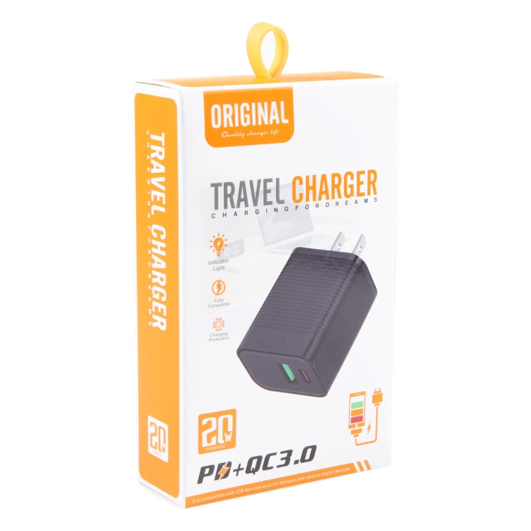 Carregador de Viagem PD 20W USB-C/Tipo-C + Portas USB QC 3.0 com Padrão Xadrez, Ficha US, Ficha US (Preto)