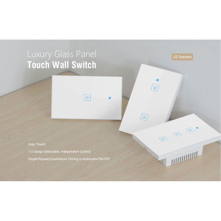 Interruptor de Parede Inteligente WS-US-02 com Painel de Vidro Temperado, Controlo por APP EWeLink & Toque, 2A 2 Gangues, AC 90V-250V, Plugue US, 2 Gangues