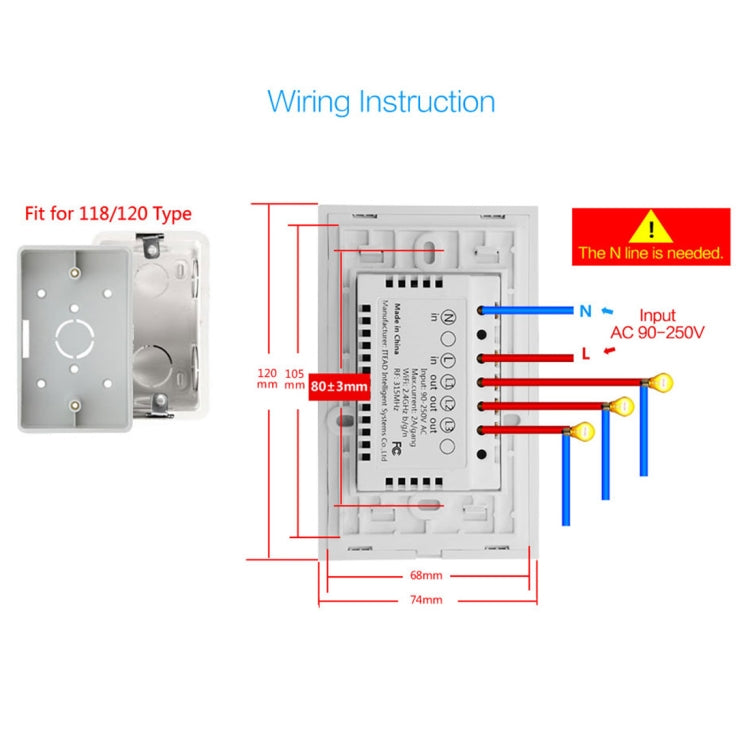 Interruptor de Parede Inteligente WS-US-02 com Painel de Vidro Temperado, Controlo por APP EWeLink & Toque, 2A 2 Gangues, AC 90V-250V, Plugue US, 2 Gangues