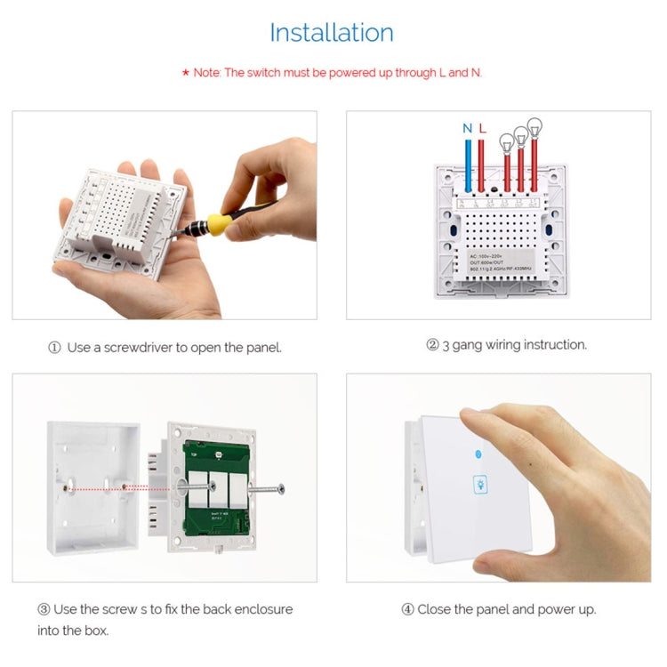 Interruptor de parede inteligente WS-UK-01 com painel de vidro temperado, controlo por APP EWeLink e toque, 2A, 1 gangue, AC 90V-250V, ficha UK, 1 gangue