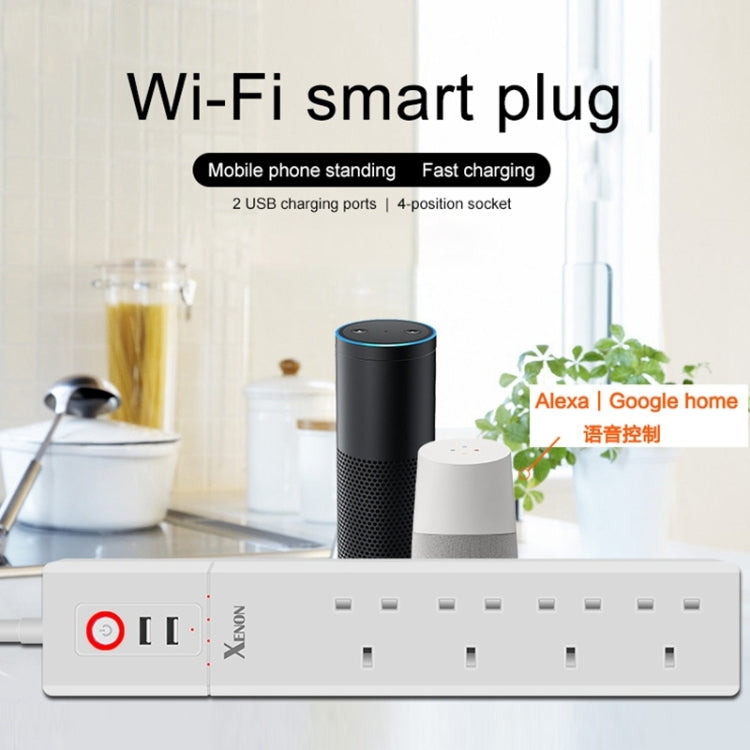 2 portas USB + 4 fichas UK, tomada inteligente com controlo remoto WiFi, compatível com Alexa e Google Home, comprimento do cabo: 1,8m, AC 90-265V, ficha UK, 4xUSB + 3x ficha UK (ficha UK)