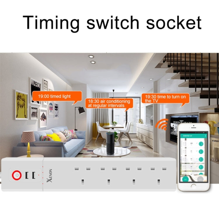 2 portas USB + 4 fichas UK, tomada inteligente com controlo remoto WiFi, compatível com Alexa e Google Home, comprimento do cabo: 1,8m, AC 90-265V, ficha UK, 4xUSB + 3x ficha UK (ficha UK)
