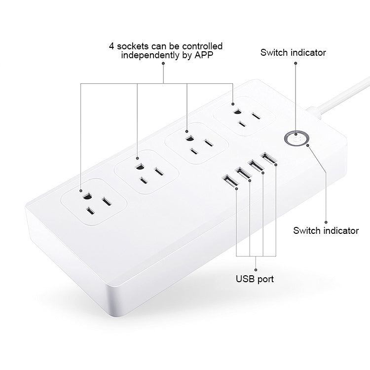 4 portas USB + 4 fichas US, tomada inteligente com controlo remoto WiFi, compatível com Alexa e Google Home, AC 110-240V, ficha US, 4xUSB + 4x ficha US (ficha US)