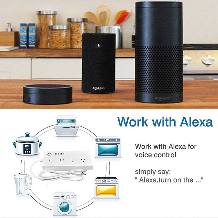 4 portas USB + 4 fichas US, tomada inteligente com controlo remoto WiFi, compatível com Alexa e Google Home, AC 110-240V, ficha US, 4xUSB + 4x ficha US (ficha US)