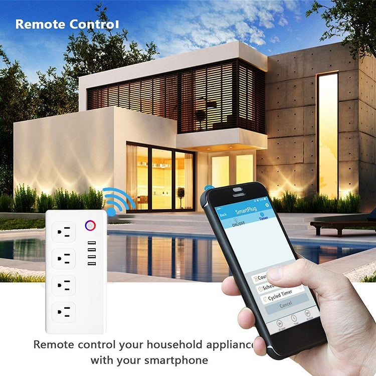 4 portas USB + 4 fichas US, tomada inteligente com controlo remoto WiFi, compatível com Alexa e Google Home, AC 110-240V, ficha US, 4xUSB + 4x ficha US (ficha US)