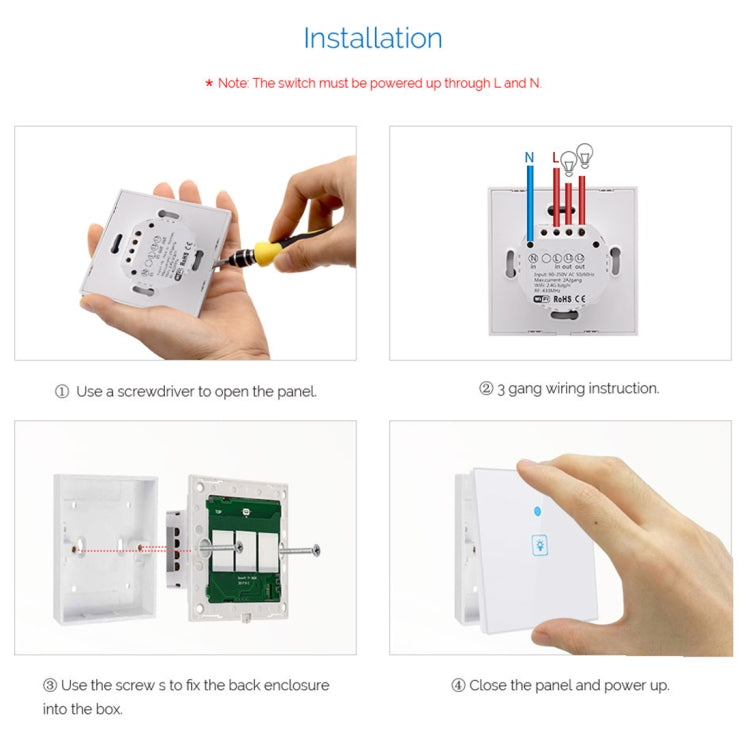 Interruptor de Parede Inteligente WS-EU-01 com Painel de Vidro Temperado, Controlo por APP EWeLink e Toque, 2A 1 Canal, AC 90V-250V, Plugue UE, 1 Canal