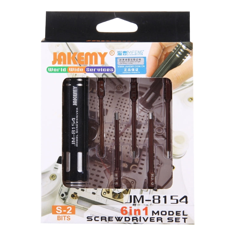 Conjunto de Chaves de Fenda Modelo 6 em 1 JAKEMY JM-8154 com Pontas de Precisão S-2 de 65mm (Cruz 3.0, Hexágono H1.5 & H2.0 & H2.5 & H3.0), JM-8154
