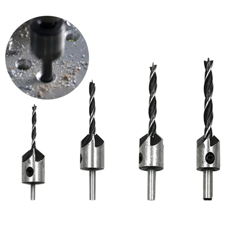Conjunto de Brocas de Aço Rápido de 4 em 1 para Countersink e Chanfrar em Marcenaria, 3-6mm, 4 PCS/Conjunto