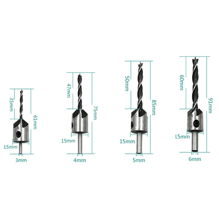 Conjunto de Brocas de Aço Rápido de 4 em 1 para Countersink e Chanfrar em Marcenaria, 3-6mm, 4 PCS/Conjunto