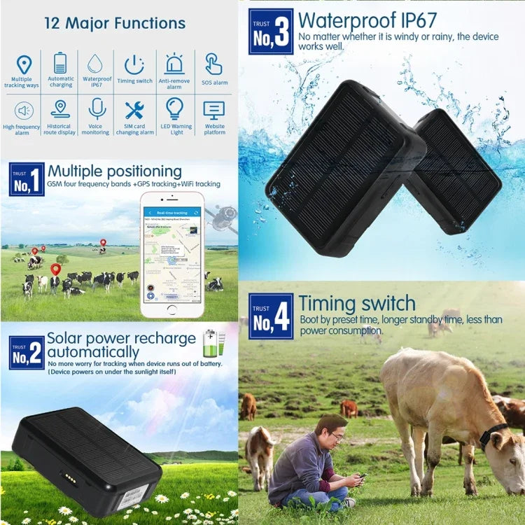 RF-V34 Ovelha Vaca Gado Pecuária IP67 à Prova de Água Solar GSM GPS WiFi Rastreamento sem Placa Inferior Fixa, Suporta Monitorização por Voz & Alarme Anti-remover & SOS, Rastreamento GPS WiFi