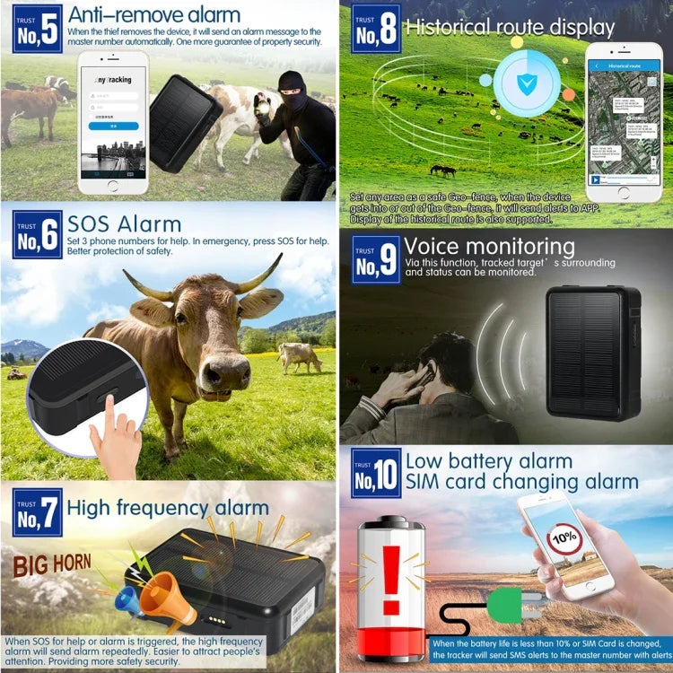RF-V34 Ovelha Vaca Gado Pecuária IP67 à Prova de Água Solar GSM GPS WiFi Rastreamento sem Placa Inferior Fixa, Suporta Monitorização por Voz & Alarme Anti-remover & SOS, Rastreamento GPS WiFi
