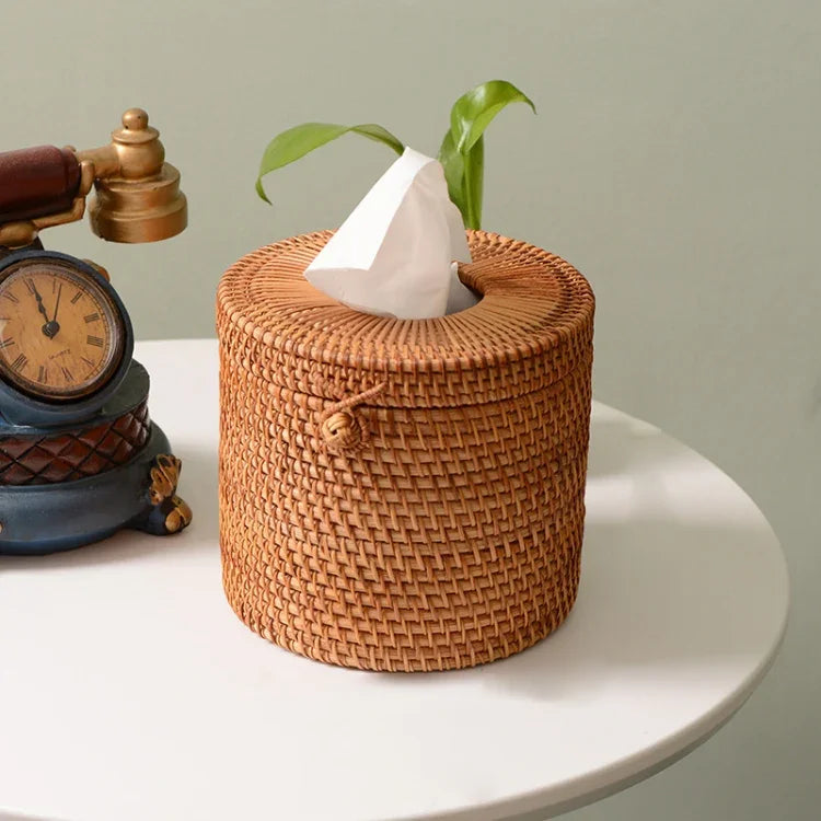 Caixa de Armazenamento de Guardanapos Trançada em Rattan para Mesa de Restaurante Forma Circular ZJH01, Forma Circular