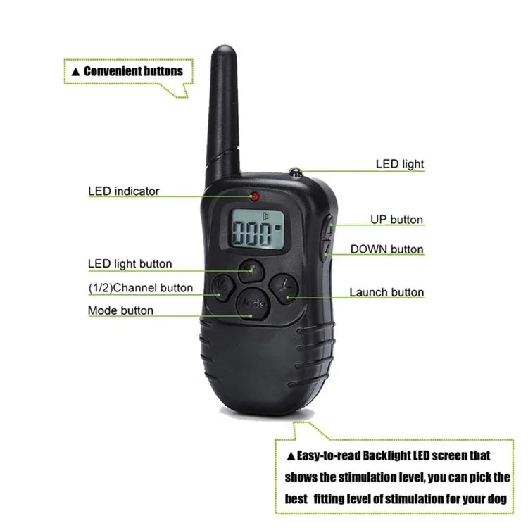 Colar de Treino para Cão Recarregável e à Prova de Água com Controlo Remoto de 300m e Ecrã LCD, Controlo Remoto de 300m