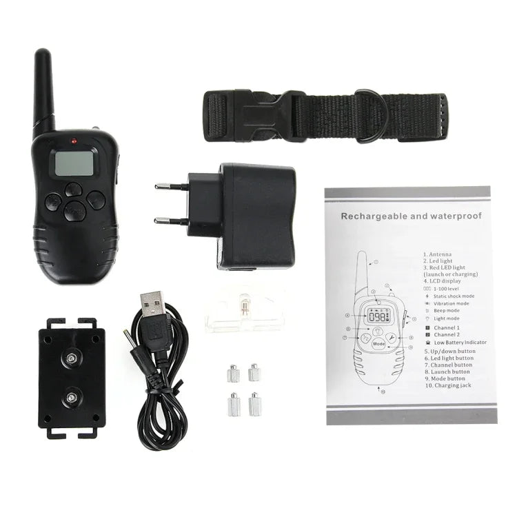 Colar de Treino para Cão Recarregável e à Prova de Água com Controlo Remoto de 300m e Ecrã LCD, Controlo Remoto de 300m