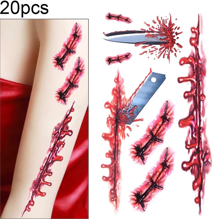 S-045 Halloween Terror Tatuagem Temporária Realista de Ferida, Sangue, Lesão, Cicatriz, S-045/20pcs