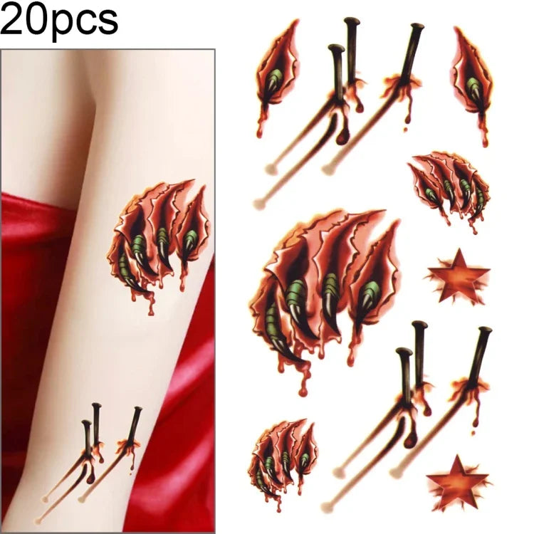 20pcs S-024 Halloween Terror Ferida Sangue Lesão Cicatriz Realista Tatuagem Temporária Autocolante, S-024/20pcs