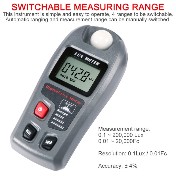 Medidor Digital Portátil de Luz Lux MT-30 com Ecrã LCD para Fábrica / Escola / Casa e Diversas Ocasiões, Alcance: 0,1-200.000 Lux, MT-30