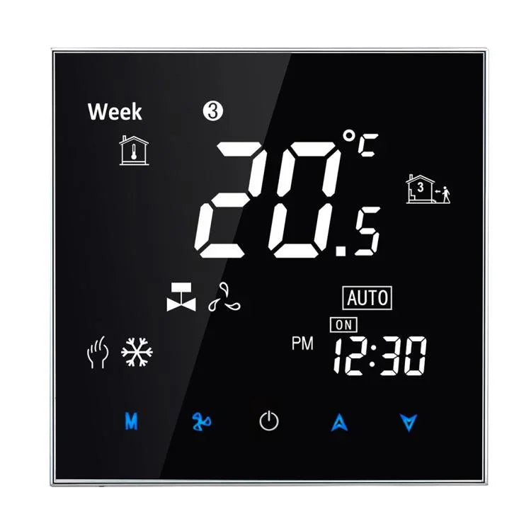 Termostato de sala para unidade de ventiloconvectores de 2 tubos com ecrã tátil LCD tipo ar condicionado central BAC-2000, Velocidade do ventilador / Relógio / Temperatura / Hora / Semana / Aquecimento etc., BAC-2000 (Preto), BAC-2000 (Branco)