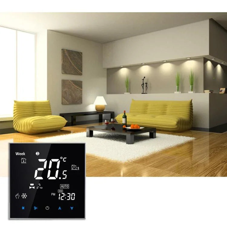 Termostato de sala para unidade de ventiloconvectores de 2 tubos com ecrã tátil LCD tipo ar condicionado central BAC-2000, Velocidade do ventilador / Relógio / Temperatura / Hora / Semana / Aquecimento etc., BAC-2000 (Preto), BAC-2000 (Branco)
