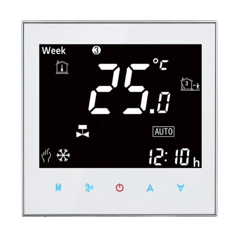 Termostato de sala para unidade de ventiloconvectores de 2 tubos com ecrã tátil LCD tipo ar condicionado central BAC-2000, Velocidade do ventilador / Relógio / Temperatura / Hora / Semana / Aquecimento etc., BAC-2000 (Preto), BAC-2000 (Branco)