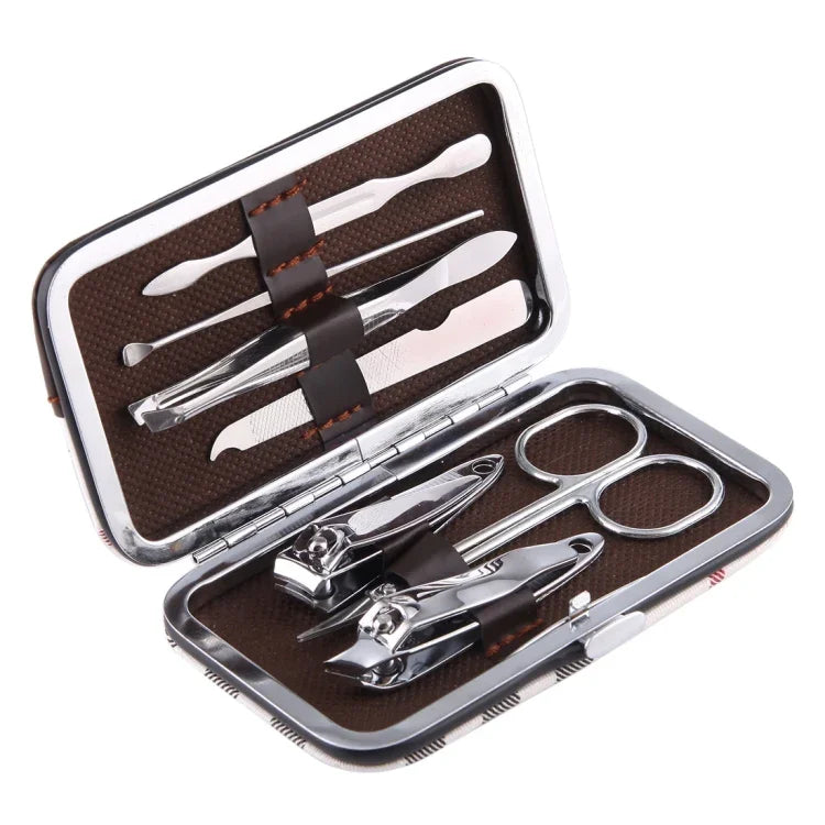 Kit de Cuidados para Unhas 7 em 1 com Cortador de Unhas Plano, Alicate de Unhas Oblíquo, Pinça Dupla, Tesoura para Sobrancelhas, Pinça para Sobrancelhas, Cotonete para Ouvido, Lixa de Unhas Dupla Face com Bolsa de Couro