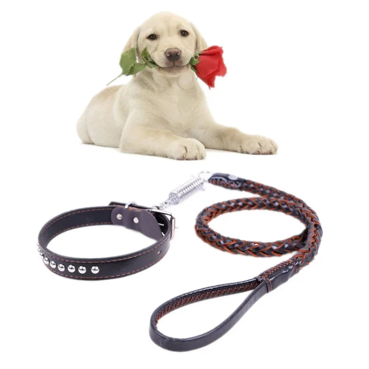 Coleira de Tração em Pele de Vaca com Corda Telescópica para Cães, Adequada para Cães Médios e Grandes, M, Comprimento da Corda: 128cm, Tamanho da Coleira: 32-44cm