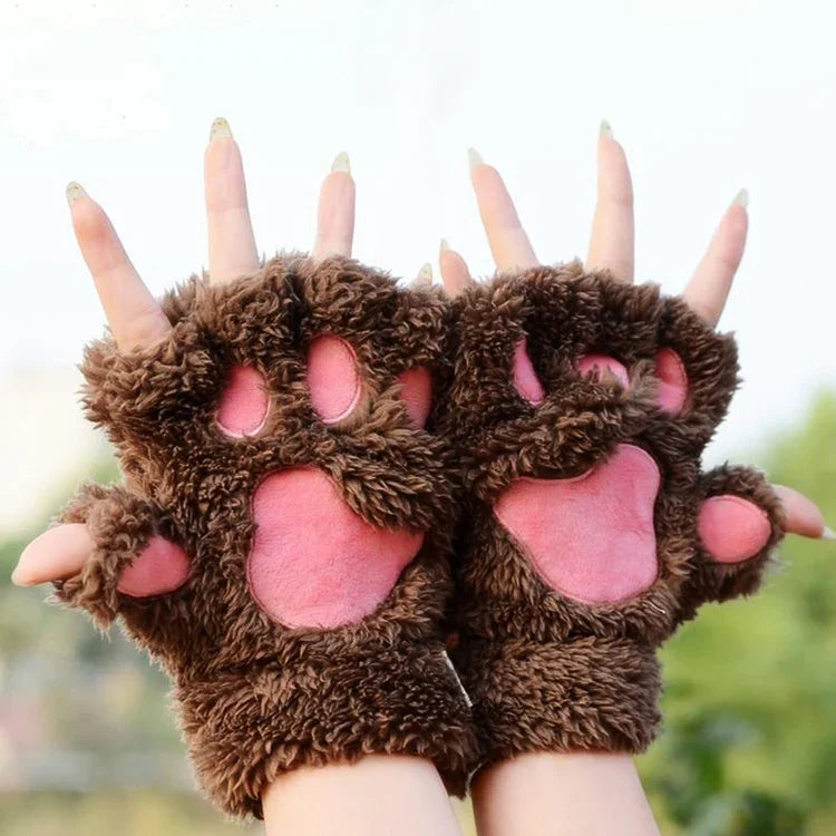Luvas de Senhora de Inverno com Garras de Gato Desenho Animado Adorável, Quentes, Espessas e Felpudas, Luvas de Meio Dedo