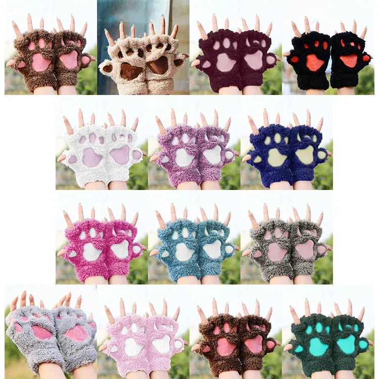 Luvas de Senhora de Inverno com Garras de Gato Desenho Animado Adorável, Quentes, Espessas e Felpudas, Luvas de Meio Dedo