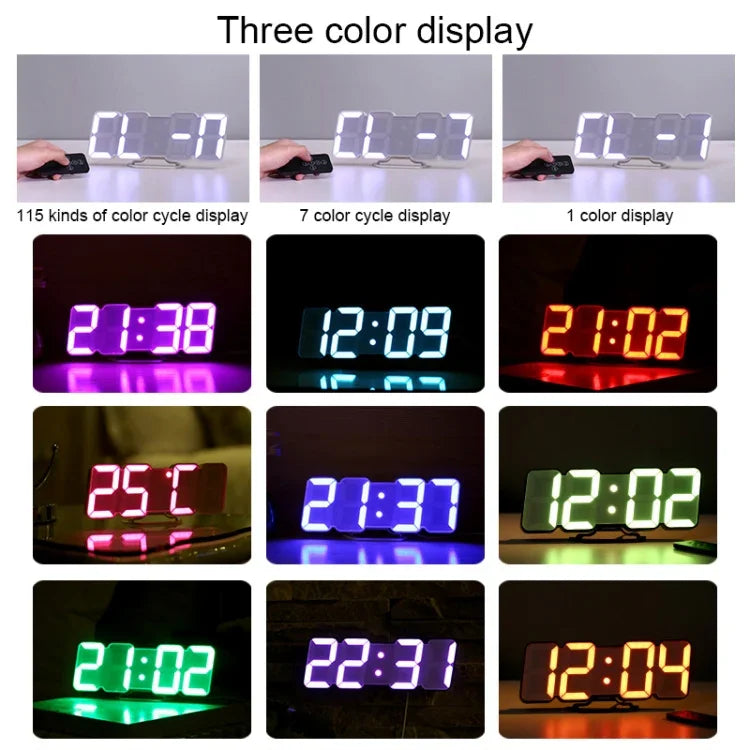 Relógio Despertador Digital Colorido LED 3D Moderno com Controlo de Som, Ajuste de Brilho, Relógio de Parede Eletrónico Luminoso com Controlo Remoto, 9001 Preto, 9001 Branco