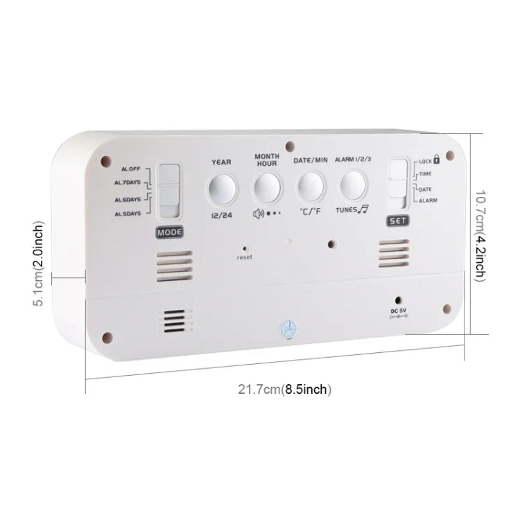 Despertador Musical Digital LED de Ecrã Grande Multifuncional com Exibição de Hora / Semana / Temperatura / Calendário e Controlo Remoto, DC 5V, Despertador Musical