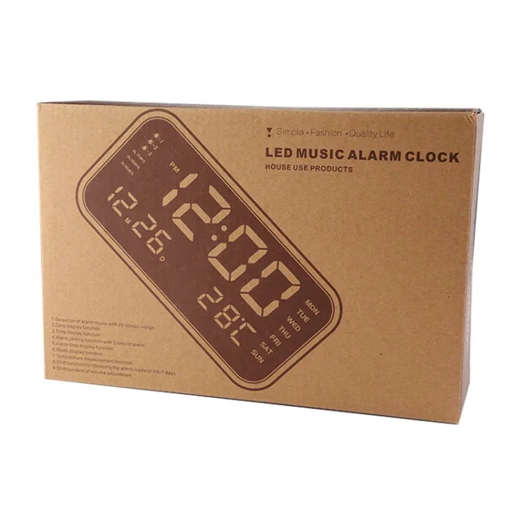 Despertador Musical Digital LED de Ecrã Grande Multifuncional com Exibição de Hora / Semana / Temperatura / Calendário e Controlo Remoto, DC 5V, Despertador Musical