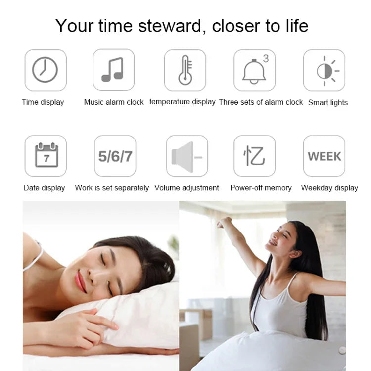 Despertador Musical Digital LED de Ecrã Grande Multifuncional com Exibição de Hora / Semana / Temperatura / Calendário e Controlo Remoto, DC 5V, Despertador Musical