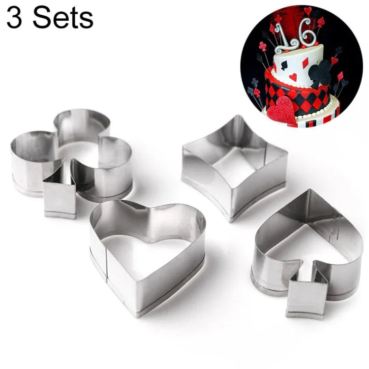 3 Conjuntos de Moldes de Biscoitos de Aço Inoxidável com Formato de Cartas de Poker, Espada e Coração, Cortador de Biscoitos para Bolo e Fondant