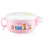 Tigela de Estilo Cartoon com Interior em Aço Inoxidável e Exterior em Plástico, Dupla Camada, 450ml, com Tampa e Alças para Crianças dos 2 aos 9 Anos