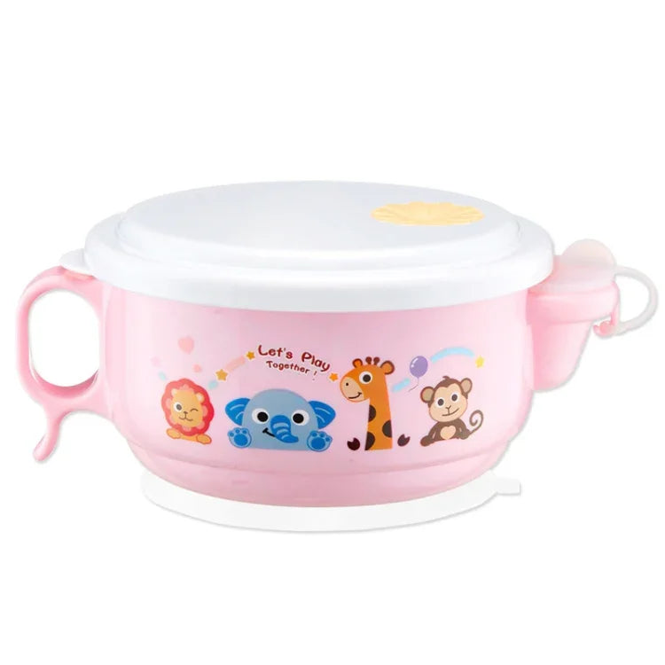 Tigela de Estilo Cartoon com Interior em Aço Inoxidável e Exterior em Plástico, Dupla Camada, 450ml, com Tampa e Alças para Crianças dos 2 aos 9 Anos
