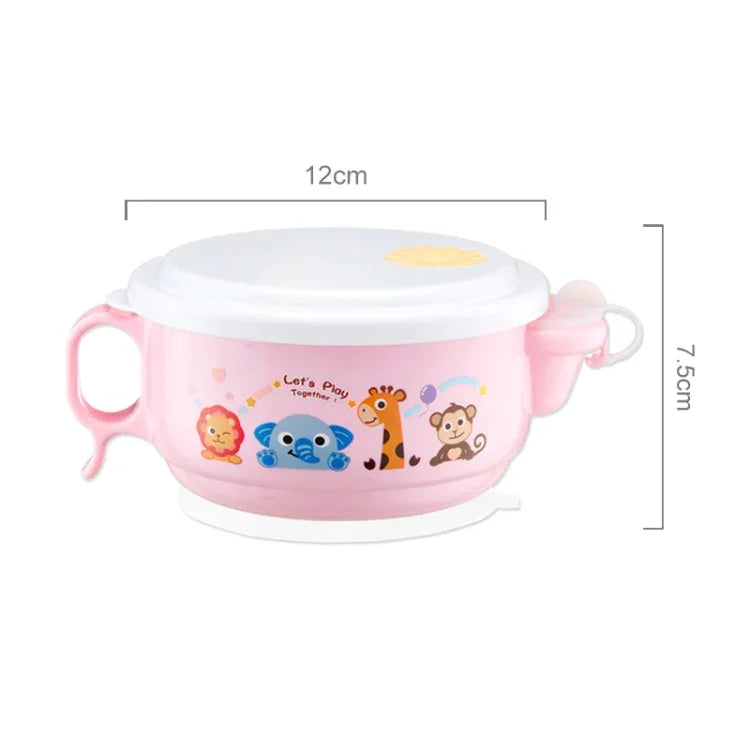 Tigela de Estilo Cartoon com Interior em Aço Inoxidável e Exterior em Plástico, Dupla Camada, 450ml, com Tampa e Alças para Crianças dos 2 aos 9 Anos