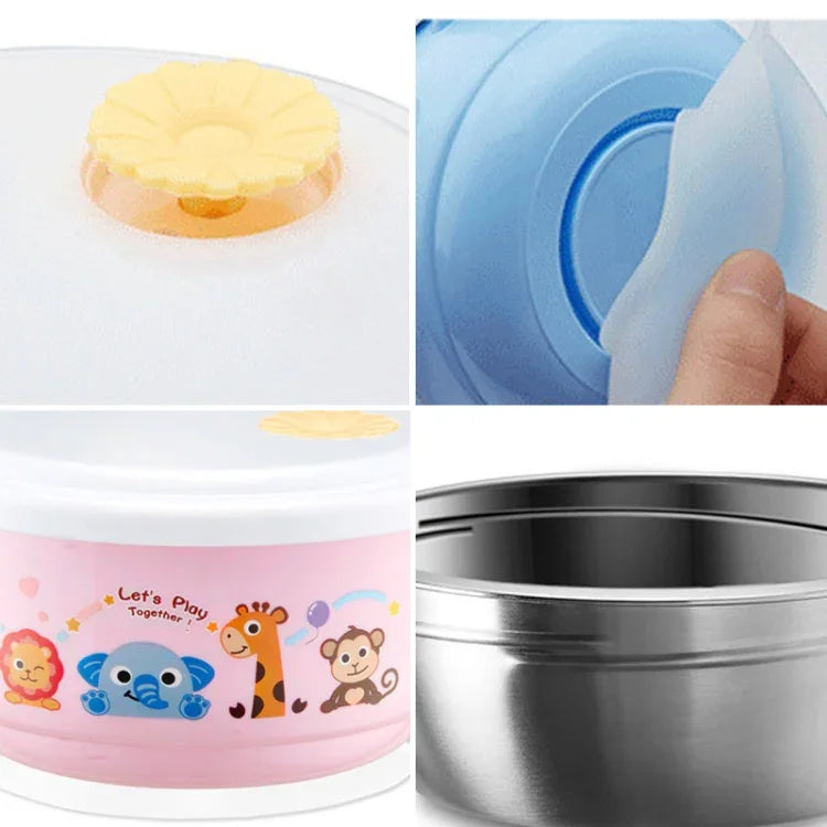 Tigela de Estilo Cartoon com Interior em Aço Inoxidável e Exterior em Plástico, Dupla Camada, 450ml, com Tampa e Alças para Crianças dos 2 aos 9 Anos