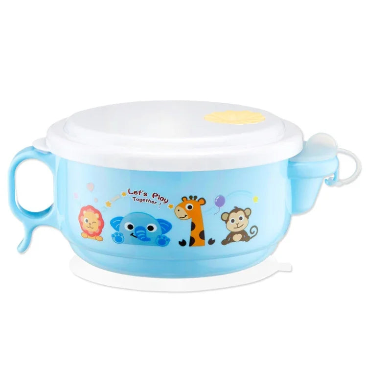 Tigela de Estilo Cartoon com Interior em Aço Inoxidável e Exterior em Plástico, Dupla Camada, 450ml, com Tampa e Alças para Crianças dos 2 aos 9 Anos