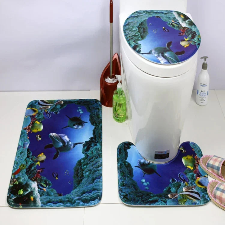 Conjunto de Três Peças de Tapete de Casa de Banho com Estampa do Mundo Subaquático Estilo Europeu e Americano