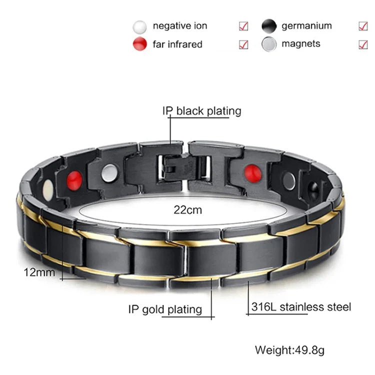 Pulseira Magnética de Saúde para Homem Estilo Europa e América em Aço Inoxidável com Revestimento Dourado, Tamanho: 12mm*22cm (Preto+Dourado), Tamanho: 12mm*22cm (Preto+Dourado)